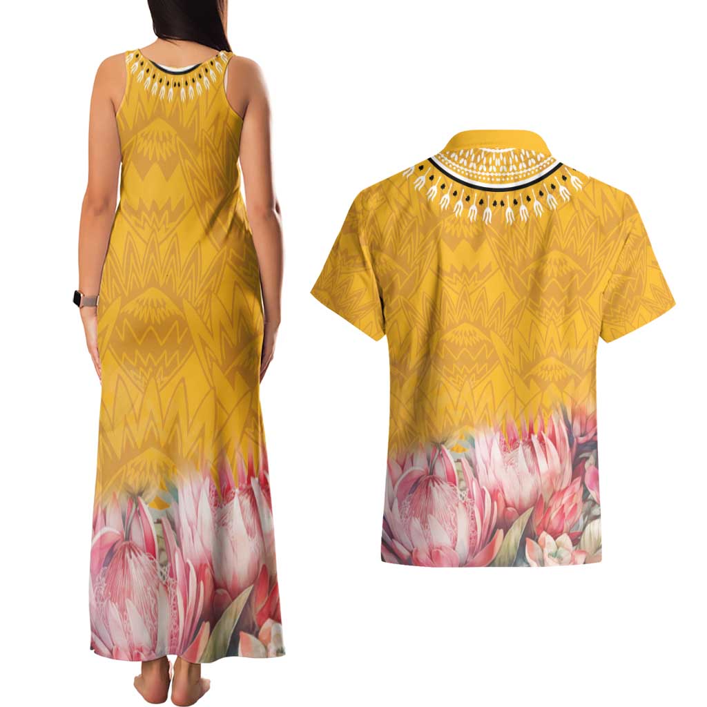Africa Dashiki Couples Matching Tank Maxi Dress and Hawaiian Shirt King Protea Floral Motif Patterns - Wonder Print Shop
