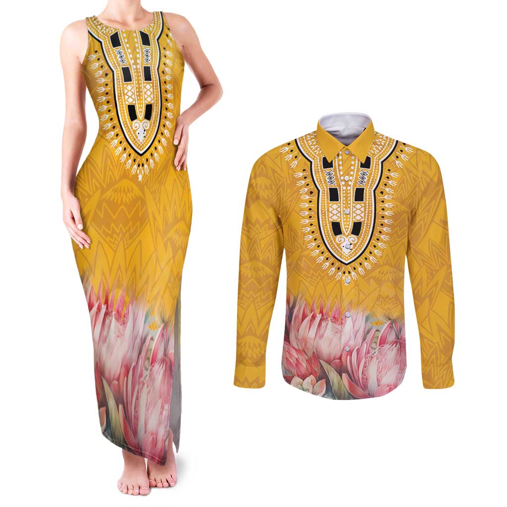 Africa Dashiki Couples Matching Tank Maxi Dress and Long Sleeve Button Shirt King Protea Floral Motif Patterns - Wonder Print Shop
