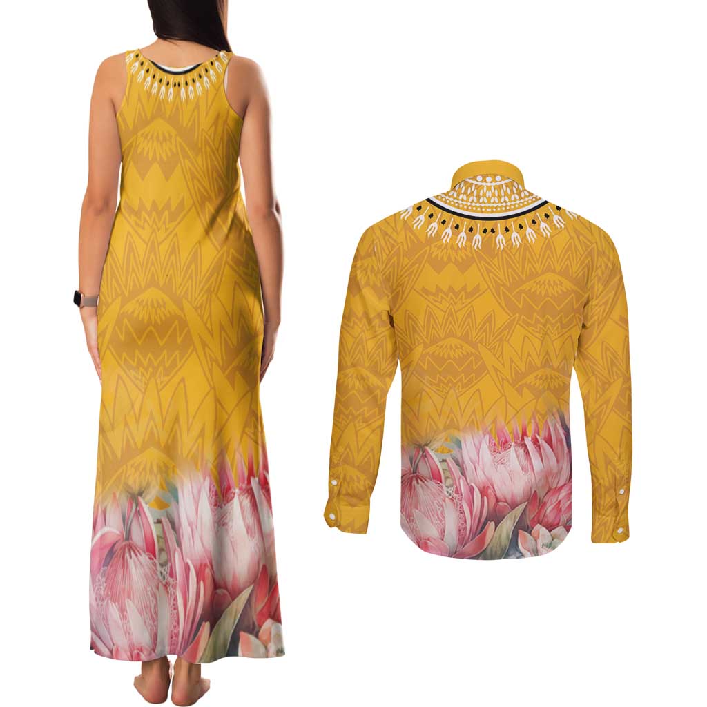 Africa Dashiki Couples Matching Tank Maxi Dress and Long Sleeve Button Shirt King Protea Floral Motif Patterns - Wonder Print Shop