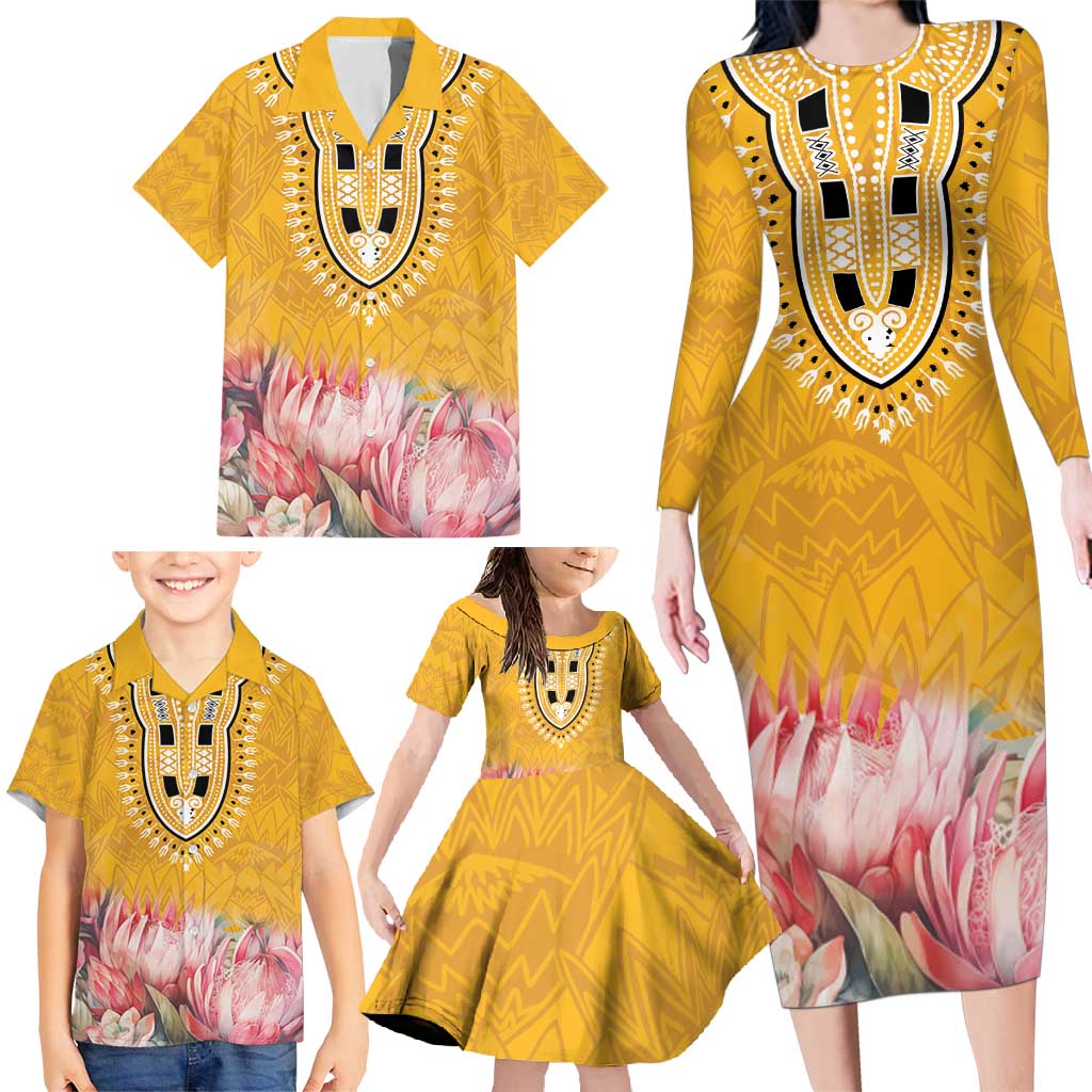 Africa Dashiki Family Matching Long Sleeve Bodycon Dress and Hawaiian Shirt King Protea Floral Motif Patterns - Wonder Print Shop