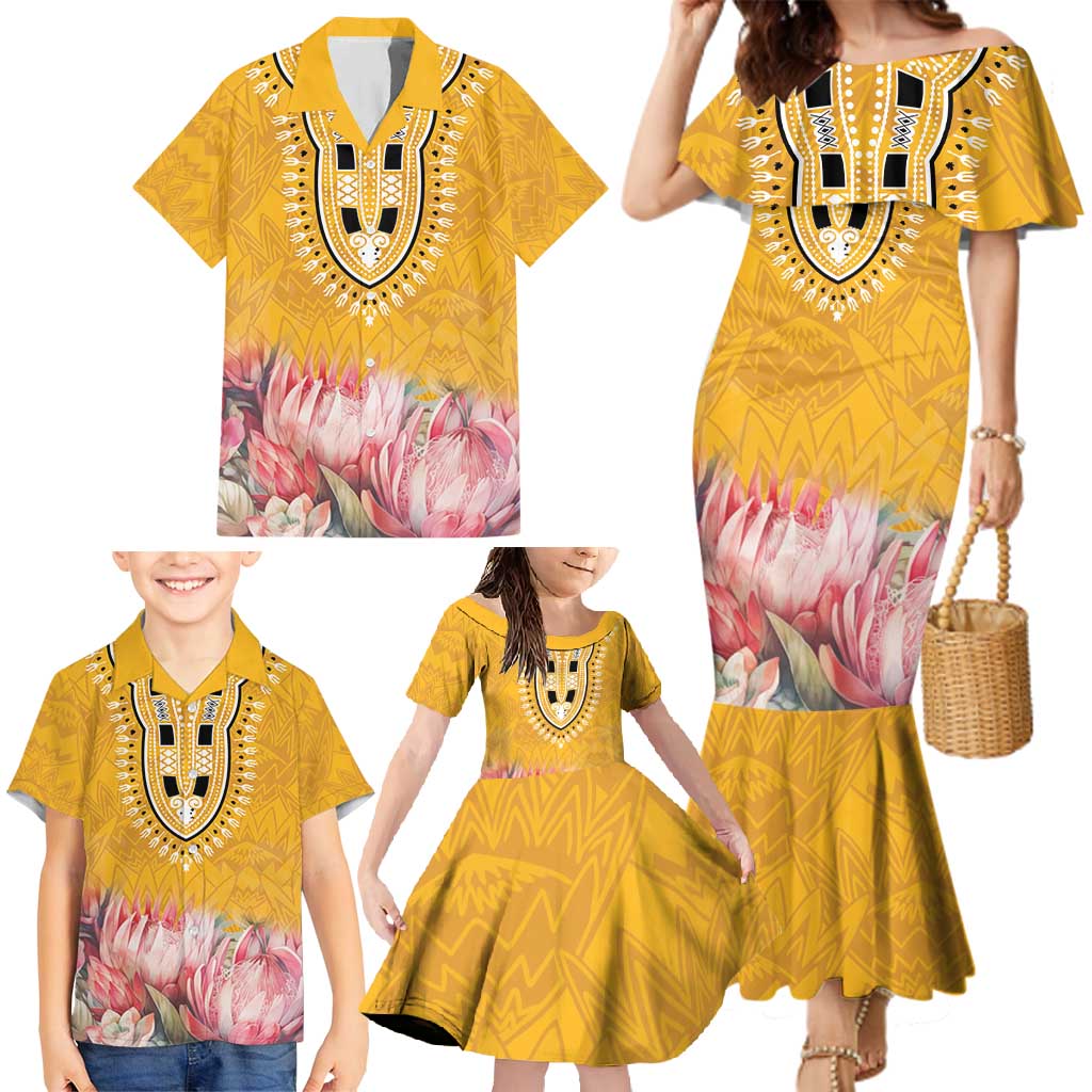 Africa Dashiki Family Matching Mermaid Dress and Hawaiian Shirt King Protea Floral Motif Patterns - Wonder Print Shop
