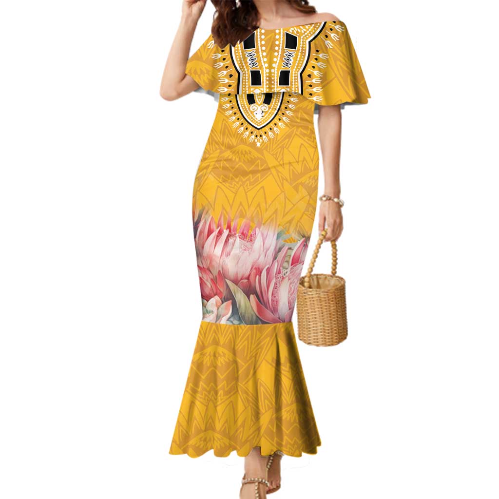 Africa Dashiki Family Matching Mermaid Dress and Hawaiian Shirt King Protea Floral Motif Patterns - Wonder Print Shop