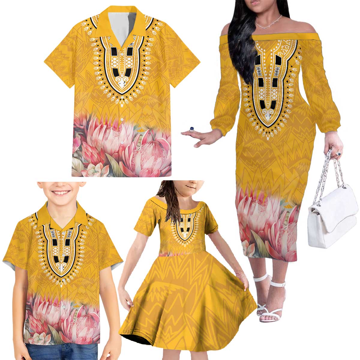 Africa Dashiki Family Matching Off The Shoulder Long Sleeve Dress and Hawaiian Shirt King Protea Floral Motif Patterns - Wonder Print Shop