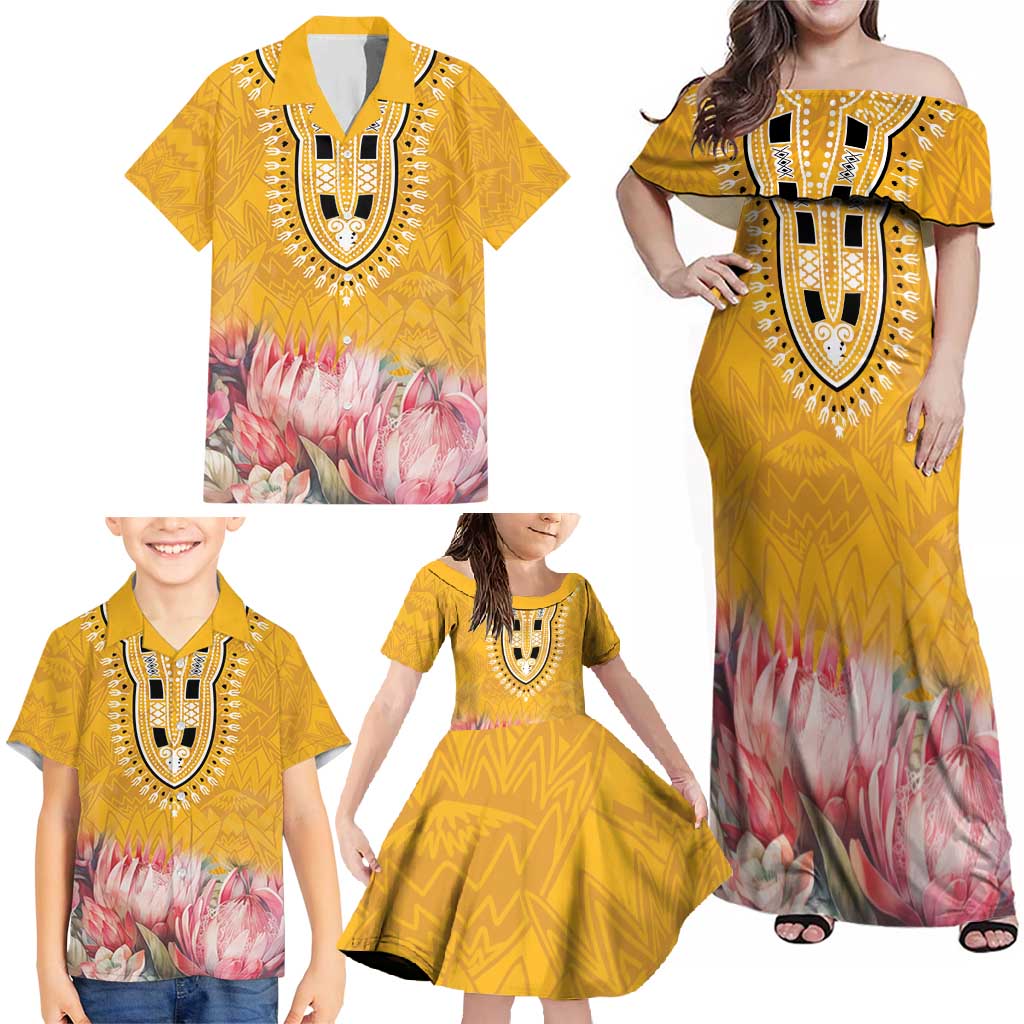 Africa Dashiki Family Matching Off Shoulder Maxi Dress and Hawaiian Shirt King Protea Floral Motif Patterns - Wonder Print Shop