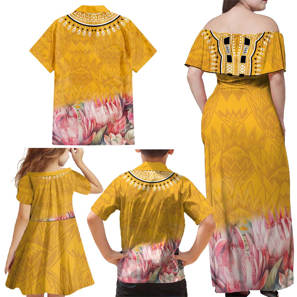 Africa Dashiki Family Matching Off Shoulder Maxi Dress and Hawaiian Shirt King Protea Floral Motif Patterns - Wonder Print Shop