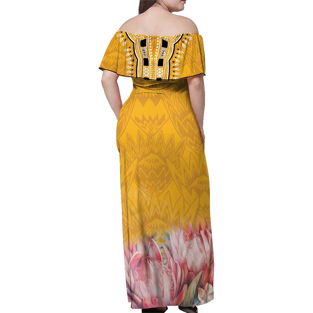 Africa Dashiki Family Matching Off Shoulder Maxi Dress and Hawaiian Shirt King Protea Floral Motif Patterns - Wonder Print Shop
