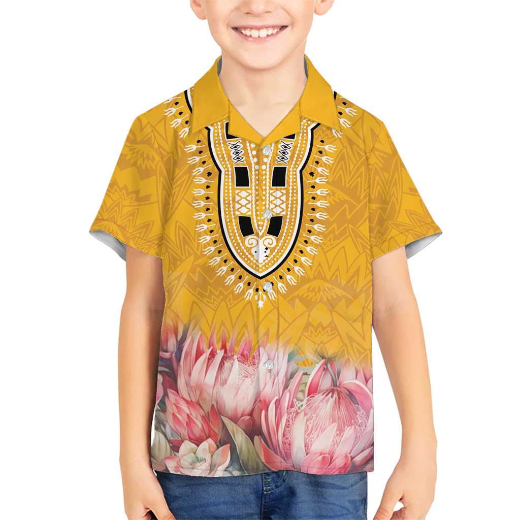 Africa Dashiki Family Matching Off Shoulder Maxi Dress and Hawaiian Shirt King Protea Floral Motif Patterns - Wonder Print Shop