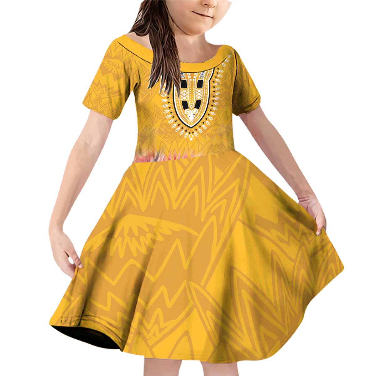 Africa Dashiki Family Matching Off Shoulder Short Dress and Hawaiian Shirt King Protea Floral Motif Patterns - Wonder Print Shop