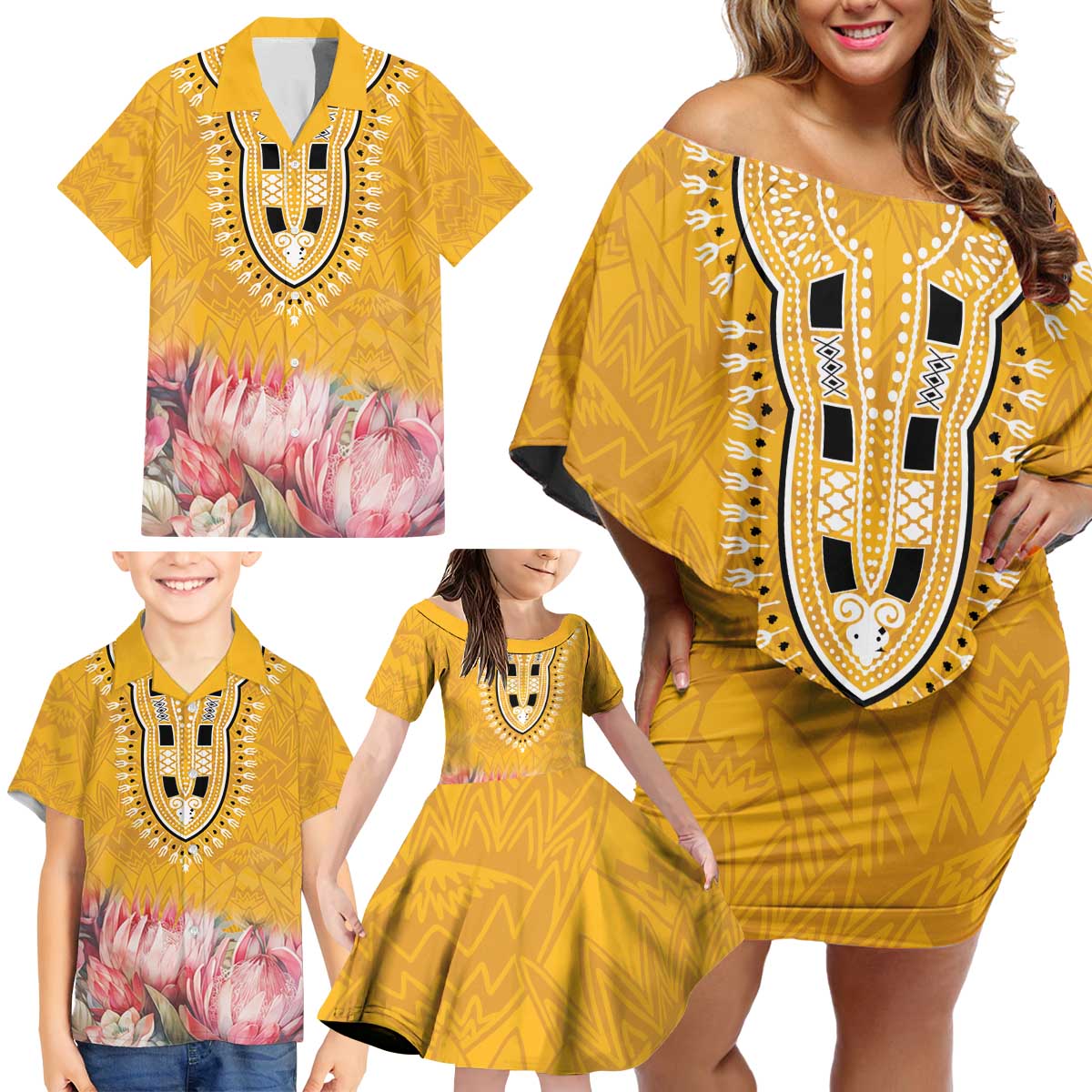 Africa Dashiki Family Matching Off Shoulder Short Dress and Hawaiian Shirt King Protea Floral Motif Patterns - Wonder Print Shop