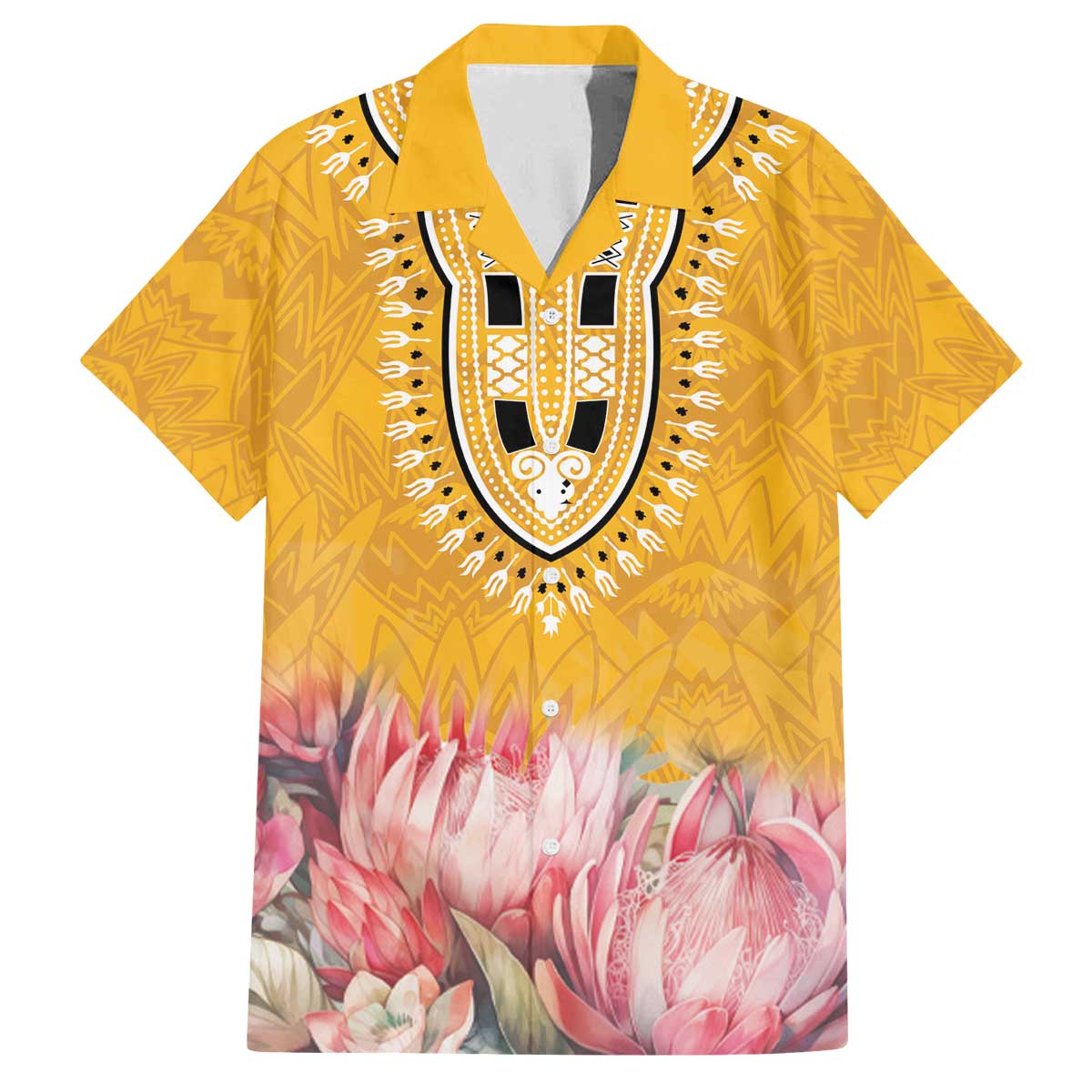 Africa Dashiki Family Matching Off Shoulder Short Dress and Hawaiian Shirt King Protea Floral Motif Patterns - Wonder Print Shop