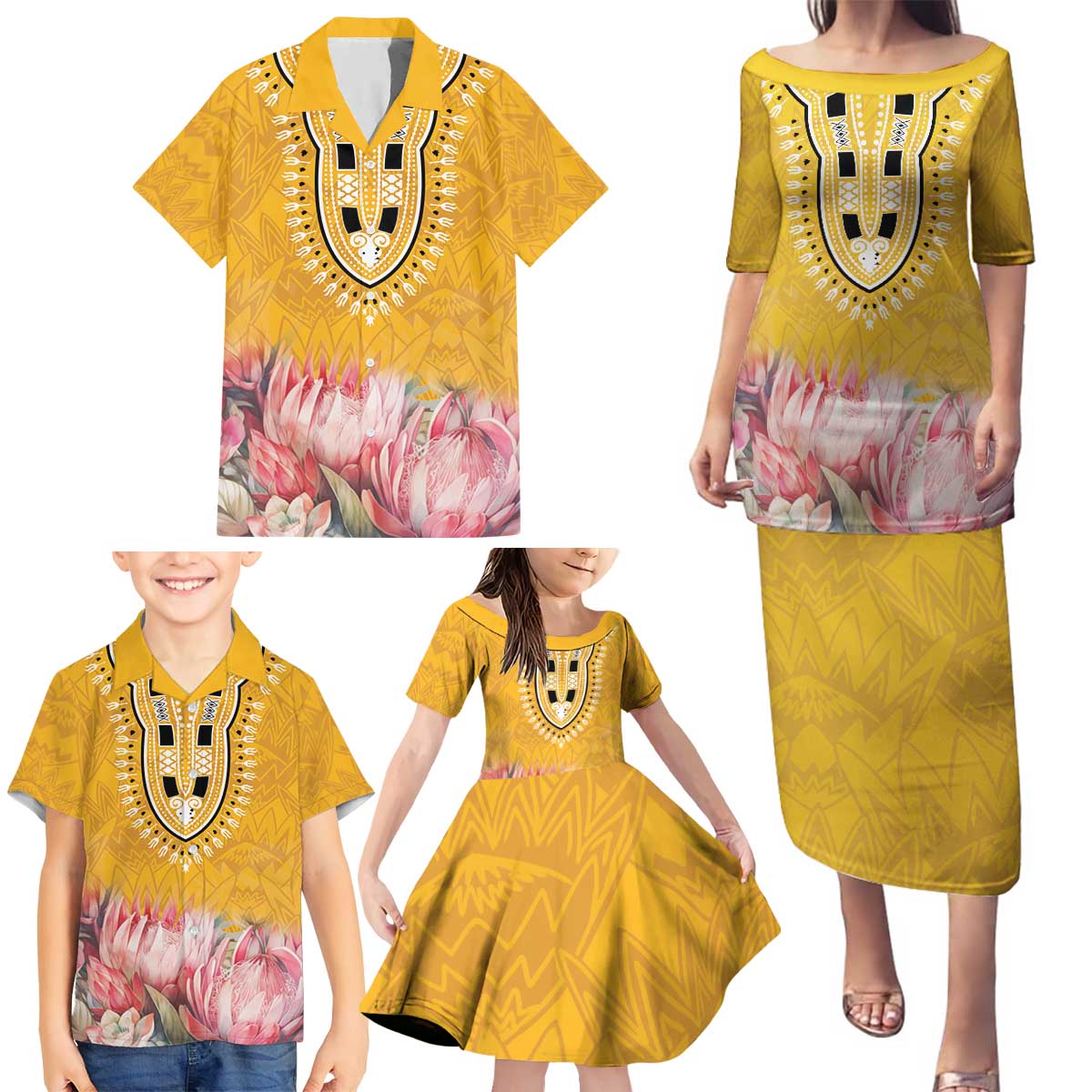 Africa Dashiki Family Matching Puletasi and Hawaiian Shirt King Protea Floral Motif Patterns - Wonder Print Shop