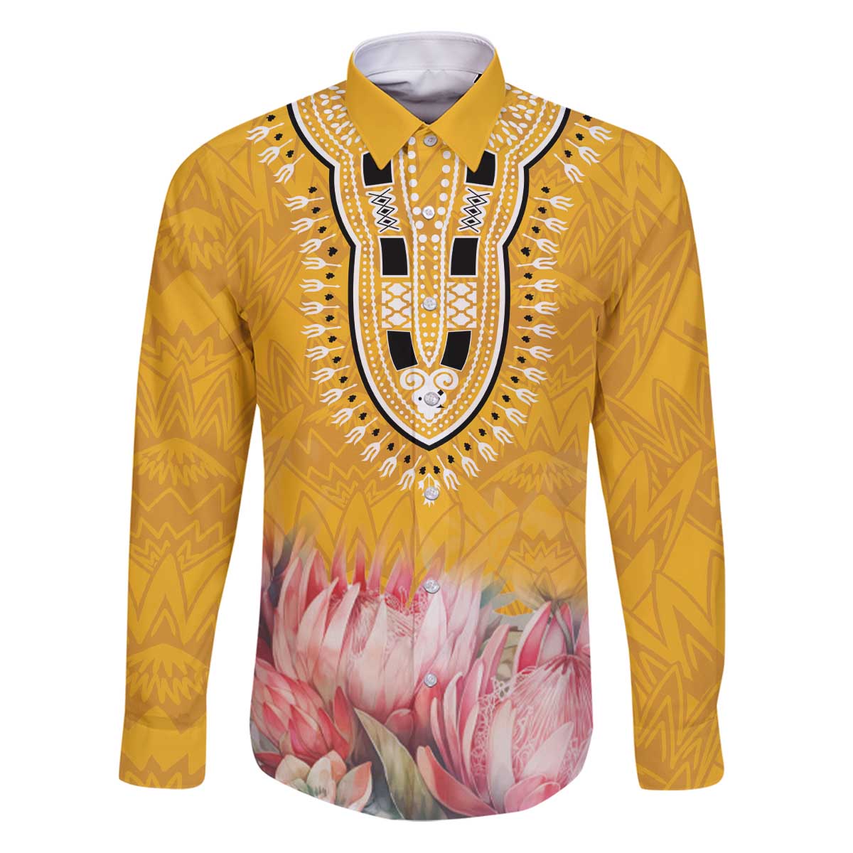Africa Dashiki Family Matching Puletasi and Hawaiian Shirt King Protea Floral Motif Patterns - Wonder Print Shop