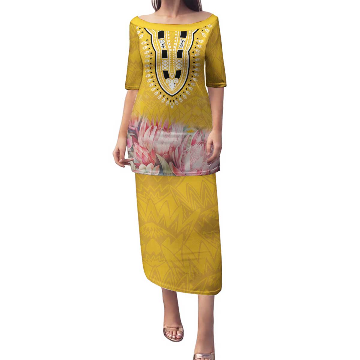 Africa Dashiki Family Matching Puletasi and Hawaiian Shirt King Protea Floral Motif Patterns - Wonder Print Shop