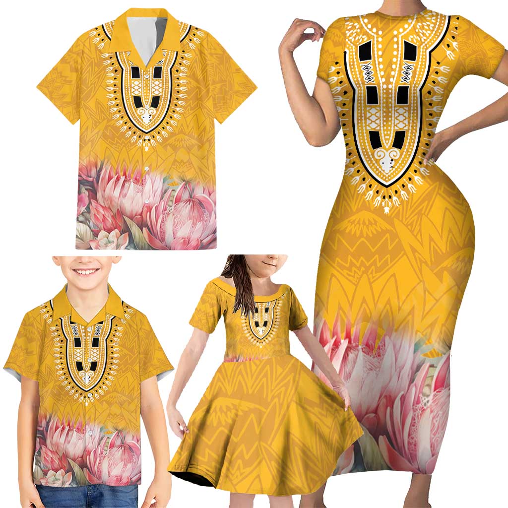 Africa Dashiki Family Matching Short Sleeve Bodycon Dress and Hawaiian Shirt King Protea Floral Motif Patterns - Wonder Print Shop