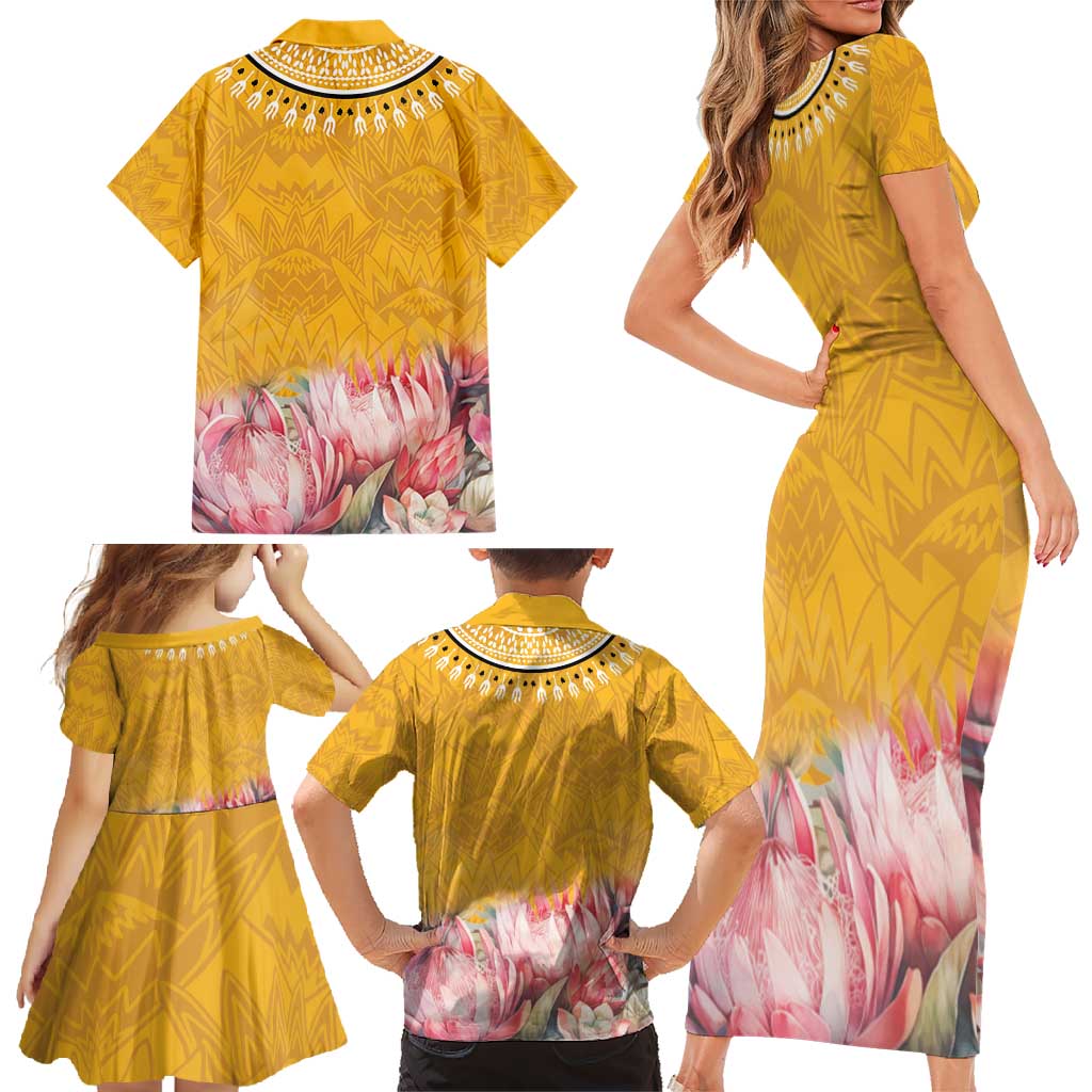 Africa Dashiki Family Matching Short Sleeve Bodycon Dress and Hawaiian Shirt King Protea Floral Motif Patterns - Wonder Print Shop