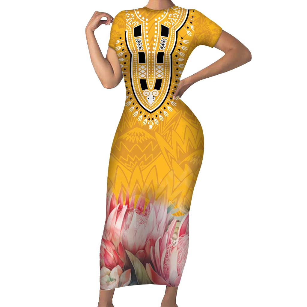 Africa Dashiki Family Matching Short Sleeve Bodycon Dress and Hawaiian Shirt King Protea Floral Motif Patterns - Wonder Print Shop