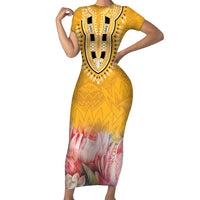 Africa Dashiki Family Matching Short Sleeve Bodycon Dress and Hawaiian Shirt King Protea Floral Motif Patterns - Wonder Print Shop
