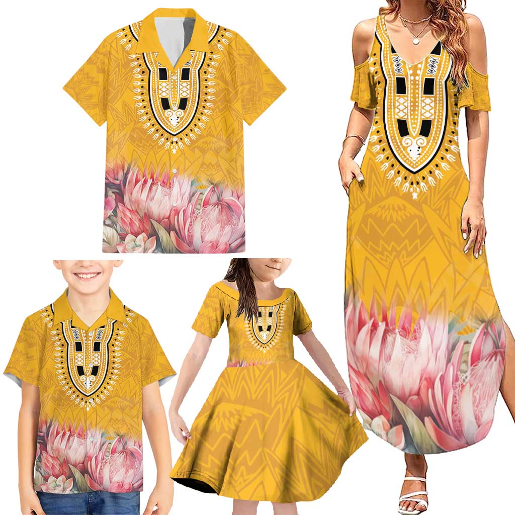 Africa Dashiki Family Matching Summer Maxi Dress and Hawaiian Shirt King Protea Floral Motif Patterns - Wonder Print Shop