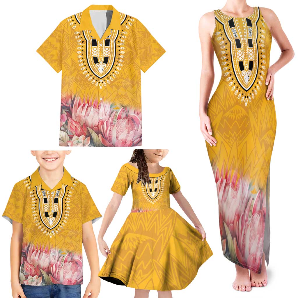 Africa Dashiki Family Matching Tank Maxi Dress and Hawaiian Shirt King Protea Floral Motif Patterns - Wonder Print Shop