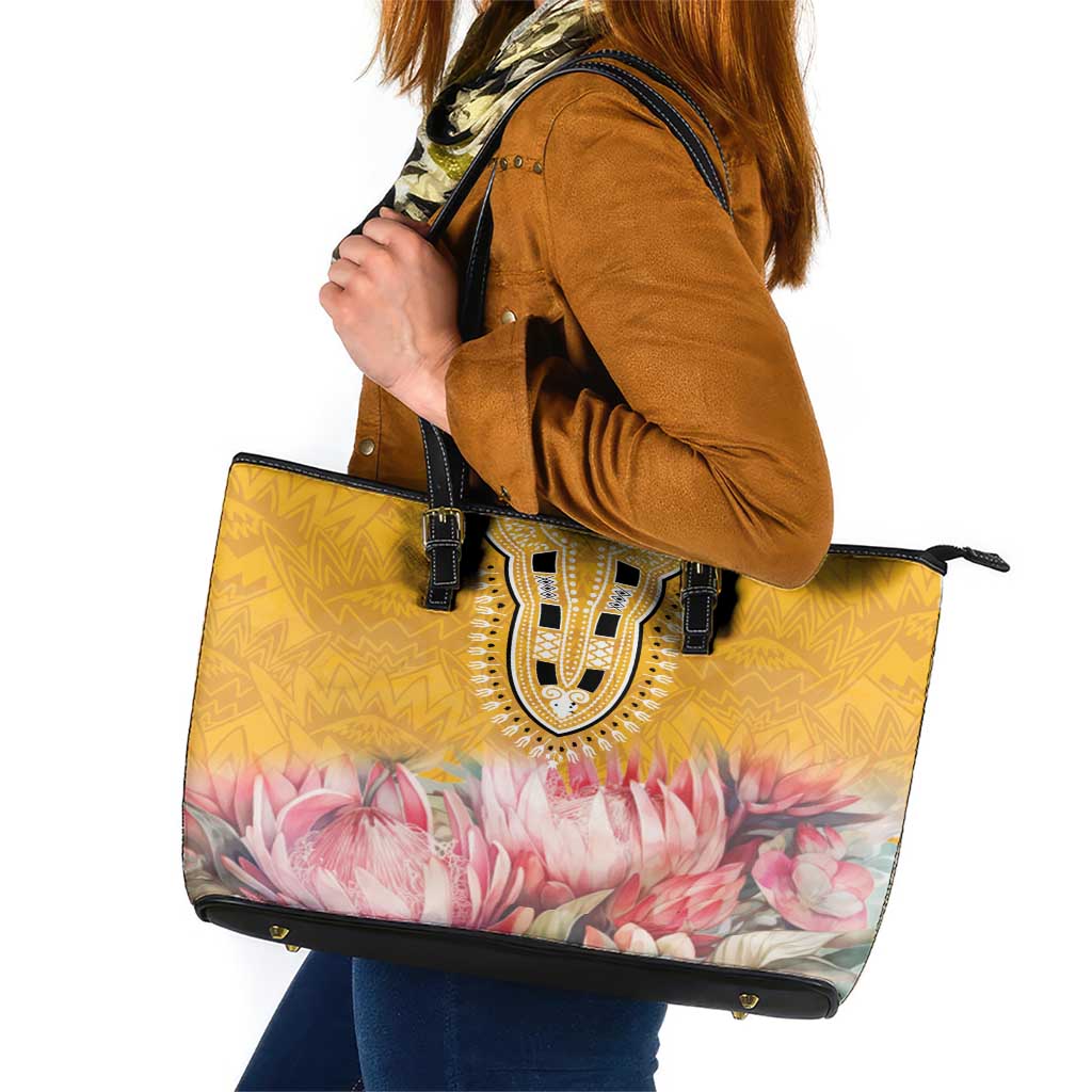 Africa Dashiki Leather Tote Bag King Protea Floral Motif Patterns - Wonder Print Shop