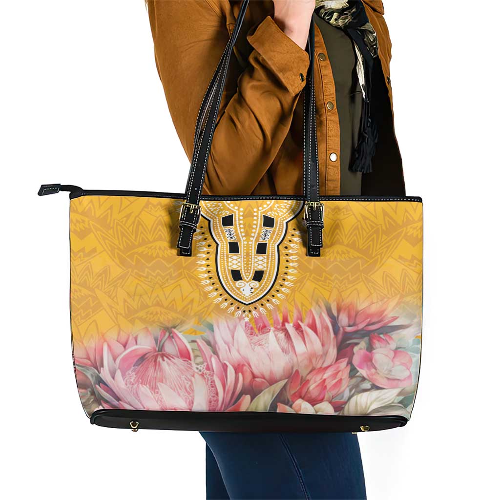 Africa Dashiki Leather Tote Bag King Protea Floral Motif Patterns - Wonder Print Shop