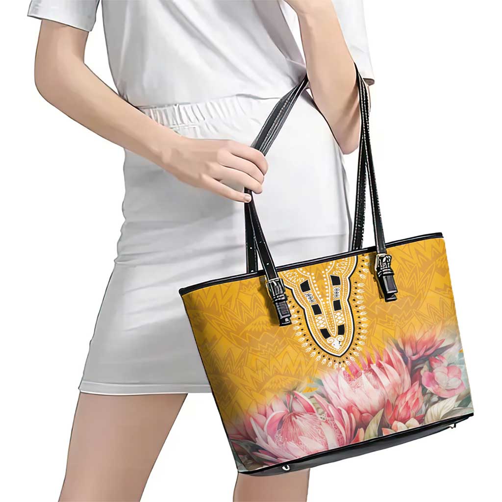 Africa Dashiki Leather Tote Bag King Protea Floral Motif Patterns - Wonder Print Shop