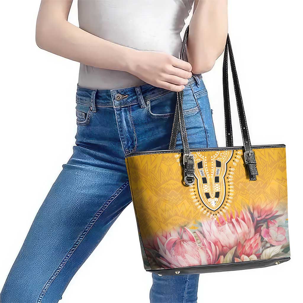 Africa Dashiki Leather Tote Bag King Protea Floral Motif Patterns - Wonder Print Shop