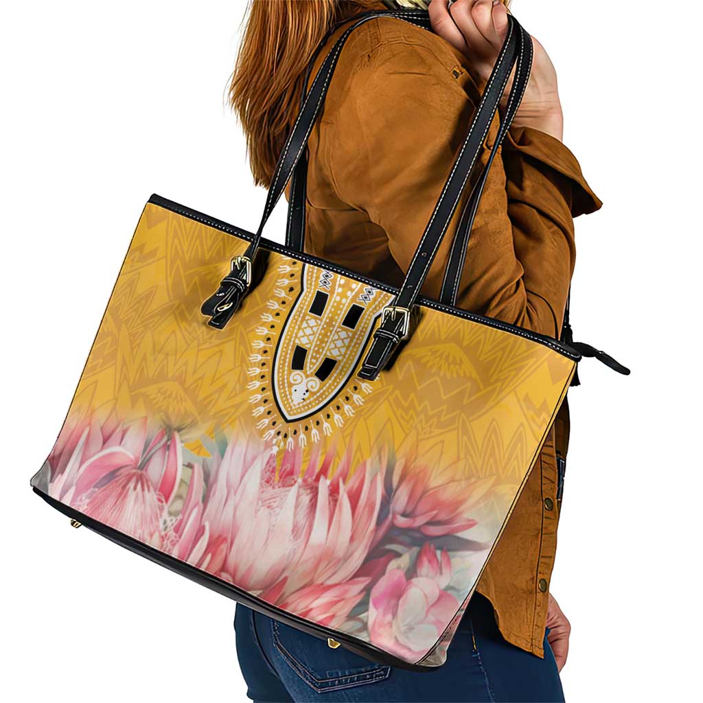 Africa Dashiki Leather Tote Bag King Protea Floral Motif Patterns - Wonder Print Shop