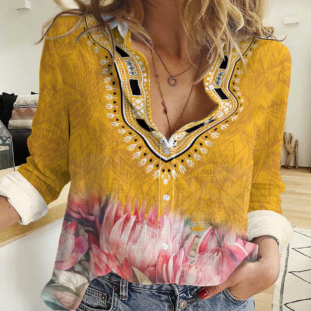 Africa Dashiki Women Casual Shirt King Protea Floral Motif Patterns - Wonder Print Shop