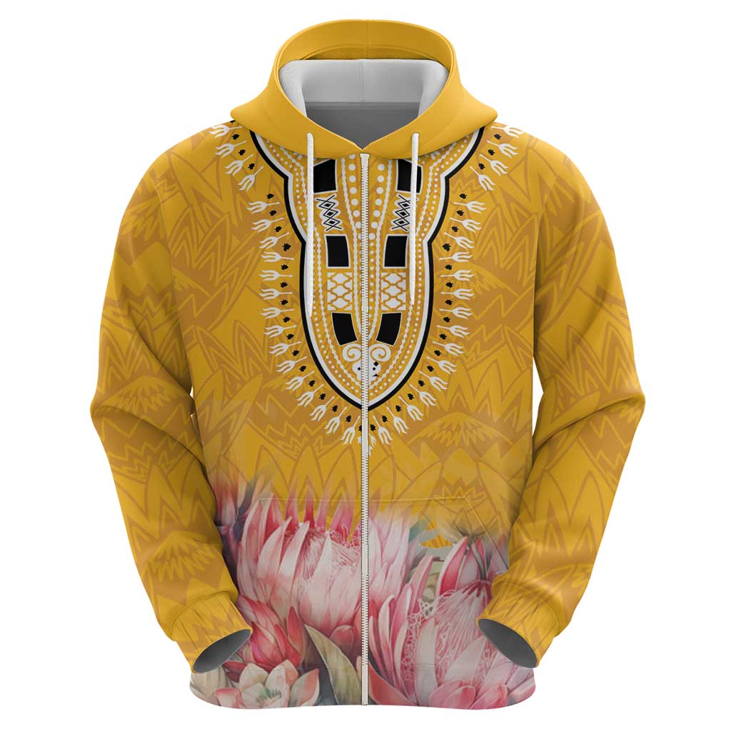 Africa Dashiki Zip Hoodie King Protea Floral Motif Patterns - Wonder Print Shop