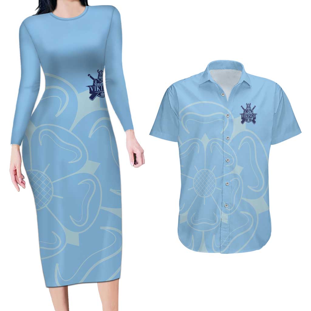 Custom Yorkshire Viking Spirit Couples Matching Long Sleeve Bodycon Dress and Hawaiian Shirt White Rose of York Blue Version - Wonder Print Shop