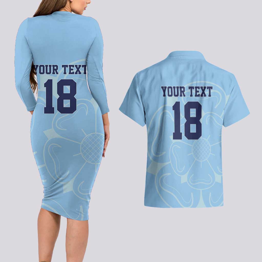 Custom Yorkshire Viking Spirit Couples Matching Long Sleeve Bodycon Dress and Hawaiian Shirt White Rose of York Blue Version - Wonder Print Shop