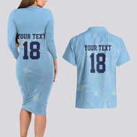 Custom Yorkshire Viking Spirit Couples Matching Long Sleeve Bodycon Dress and Hawaiian Shirt White Rose of York Blue Version - Wonder Print Shop