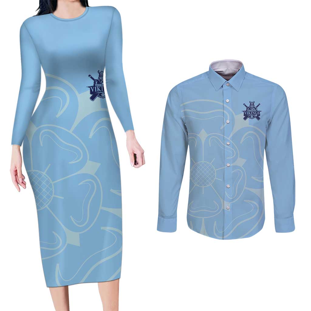 Custom Yorkshire Viking Spirit Couples Matching Long Sleeve Bodycon Dress and Long Sleeve Button Shirt White Rose of York Blue Version - Wonder Print Shop