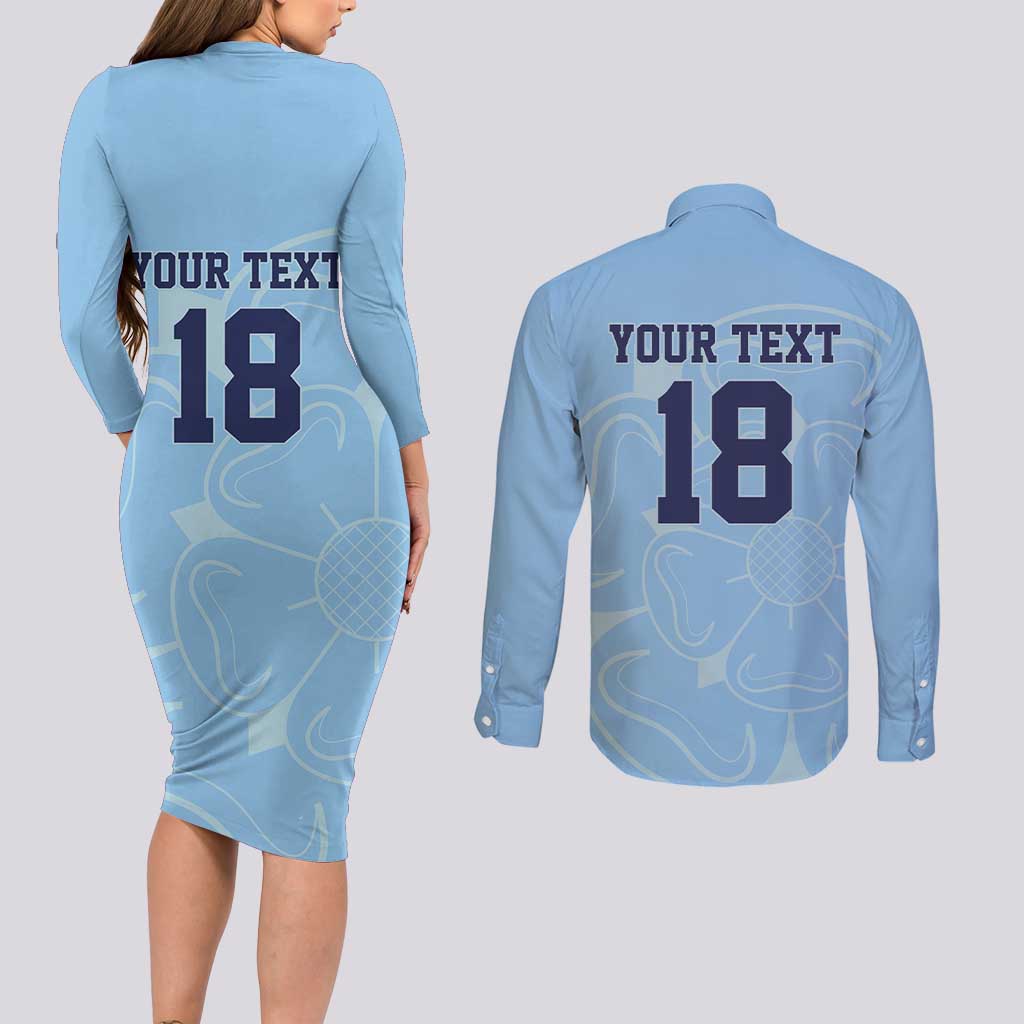 Custom Yorkshire Viking Spirit Couples Matching Long Sleeve Bodycon Dress and Long Sleeve Button Shirt White Rose of York Blue Version - Wonder Print Shop