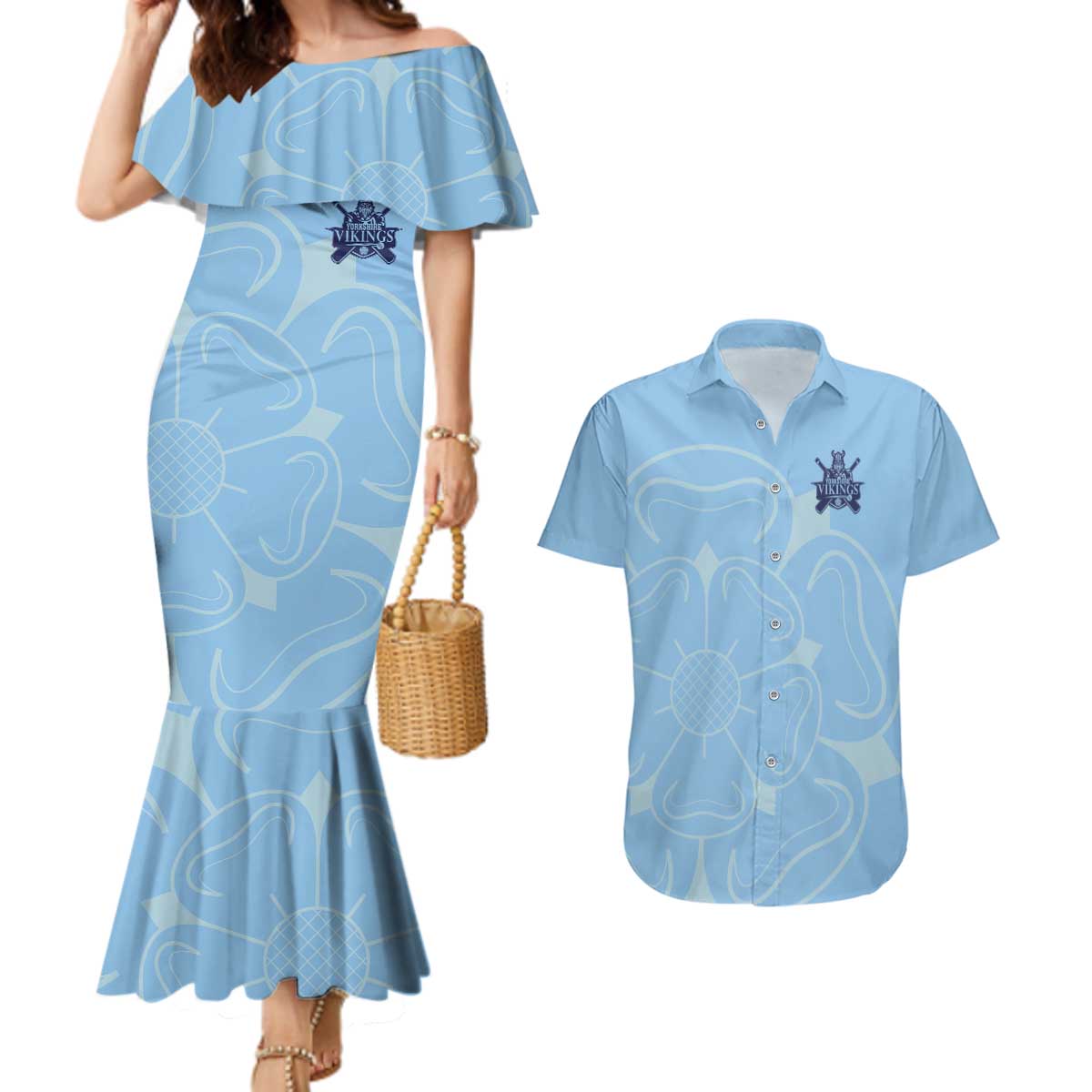 Custom Yorkshire Viking Spirit Couples Matching Mermaid Dress and Hawaiian Shirt White Rose of York Blue Version - Wonder Print Shop