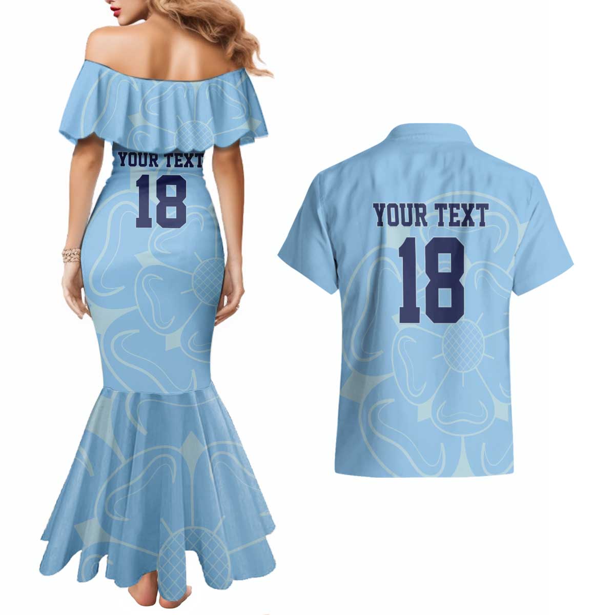 Custom Yorkshire Viking Spirit Couples Matching Mermaid Dress and Hawaiian Shirt White Rose of York Blue Version - Wonder Print Shop
