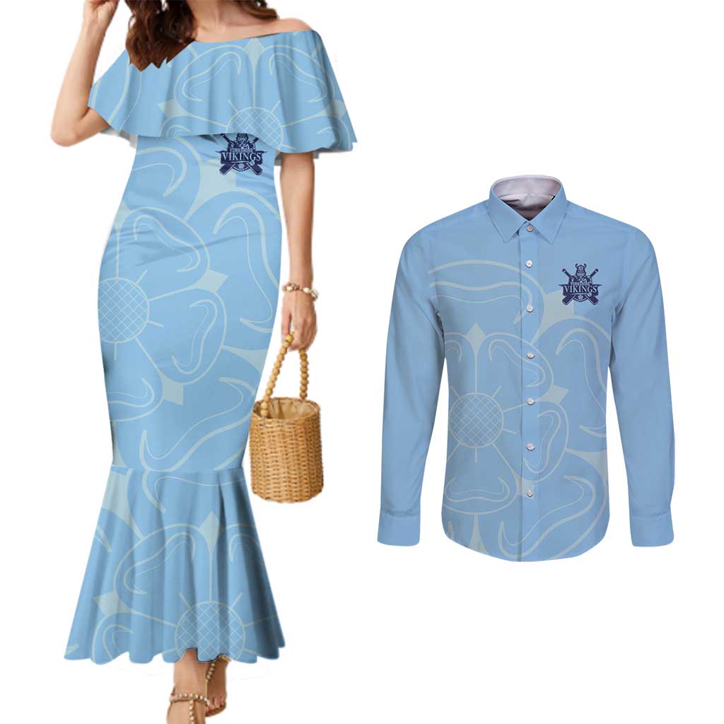 Custom Yorkshire Viking Spirit Couples Matching Mermaid Dress and Long Sleeve Button Shirt White Rose of York Blue Version - Wonder Print Shop