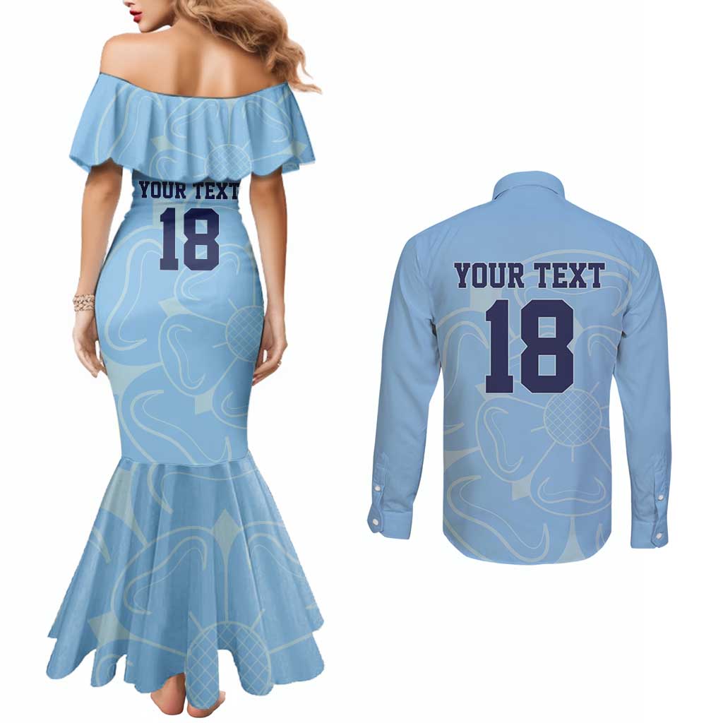Custom Yorkshire Viking Spirit Couples Matching Mermaid Dress and Long Sleeve Button Shirt White Rose of York Blue Version - Wonder Print Shop