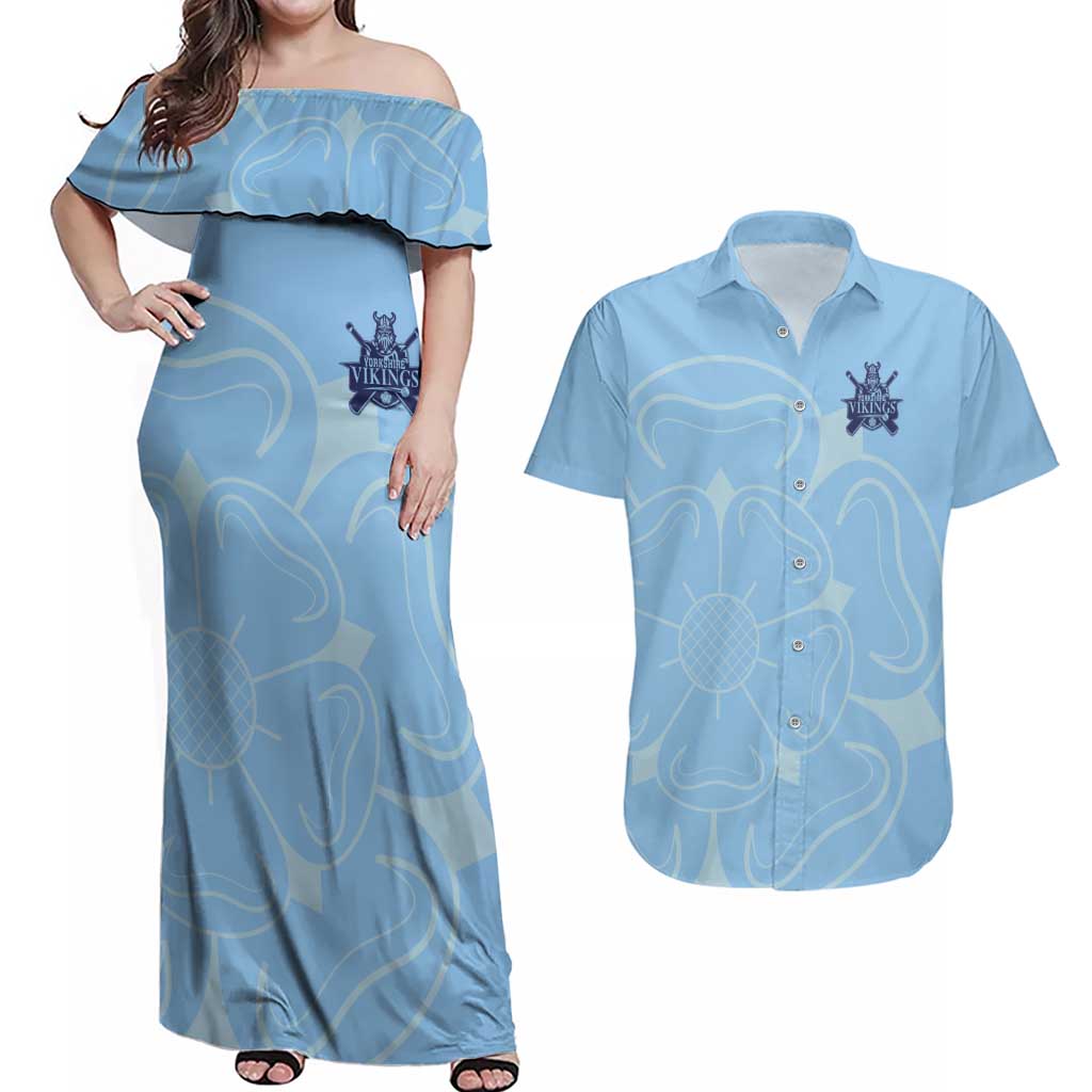 Custom Yorkshire Viking Spirit Couples Matching Off Shoulder Maxi Dress and Hawaiian Shirt White Rose of York Blue Version - Wonder Print Shop