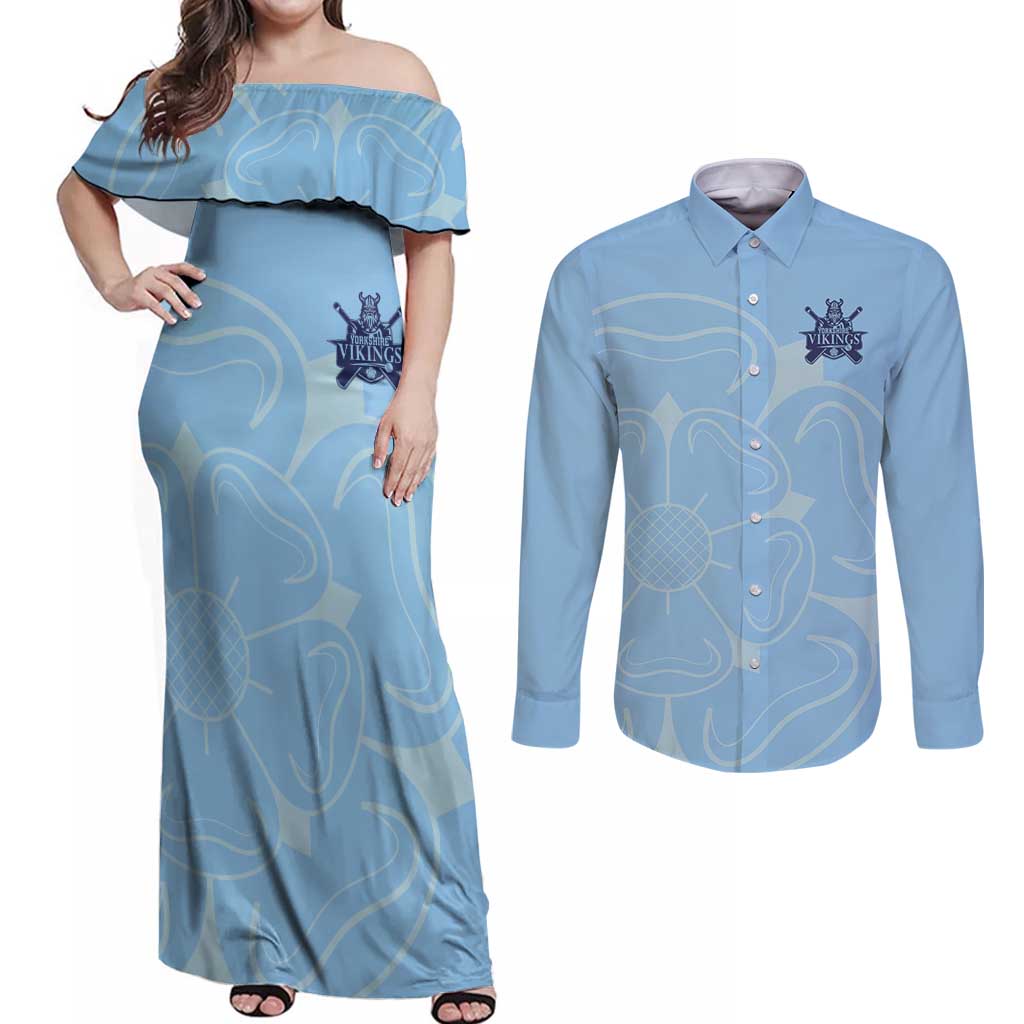Custom Yorkshire Viking Spirit Couples Matching Off Shoulder Maxi Dress and Long Sleeve Button Shirt White Rose of York Blue Version - Wonder Print Shop