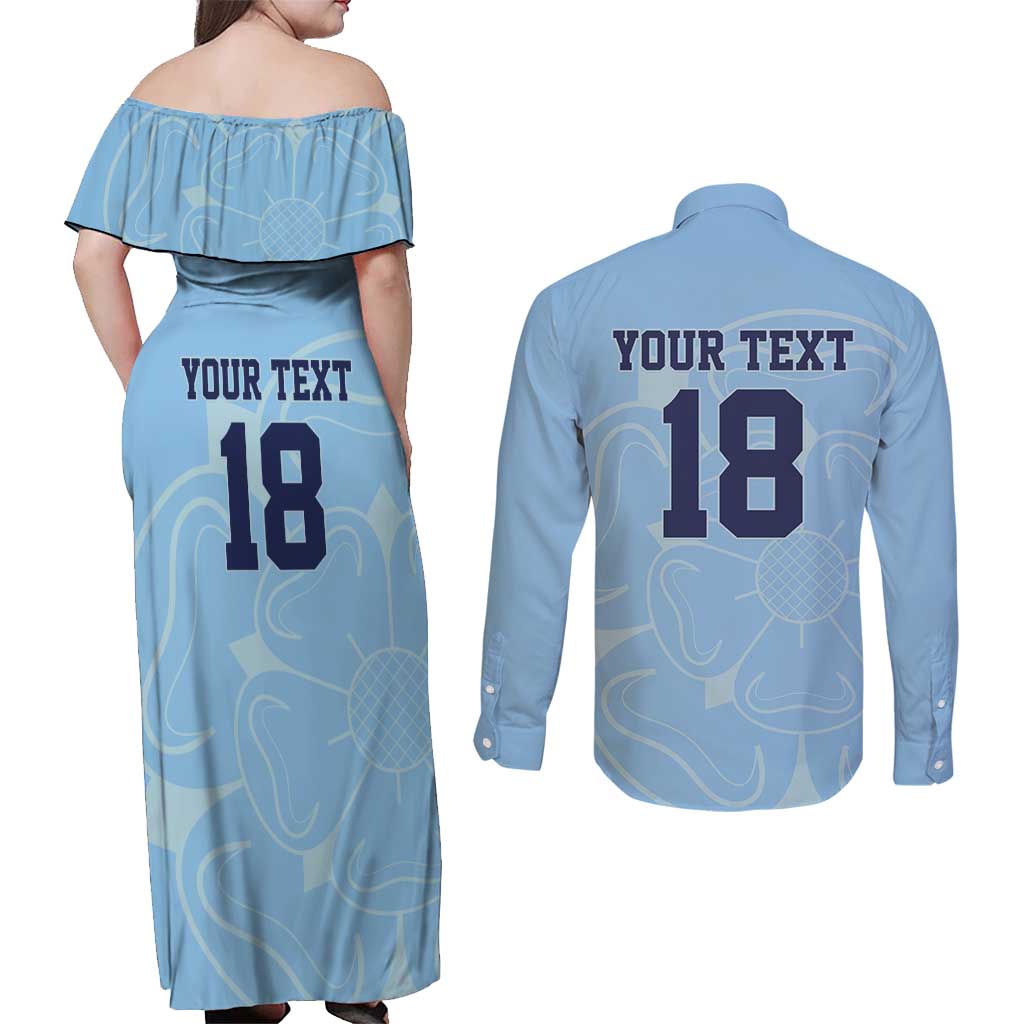 Custom Yorkshire Viking Spirit Couples Matching Off Shoulder Maxi Dress and Long Sleeve Button Shirt White Rose of York Blue Version - Wonder Print Shop
