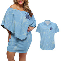 Custom Yorkshire Viking Spirit Couples Matching Off Shoulder Short Dress and Hawaiian Shirt White Rose of York Blue Version - Wonder Print Shop