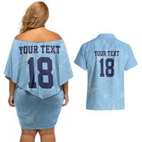 Custom Yorkshire Viking Spirit Couples Matching Off Shoulder Short Dress and Hawaiian Shirt White Rose of York Blue Version - Wonder Print Shop