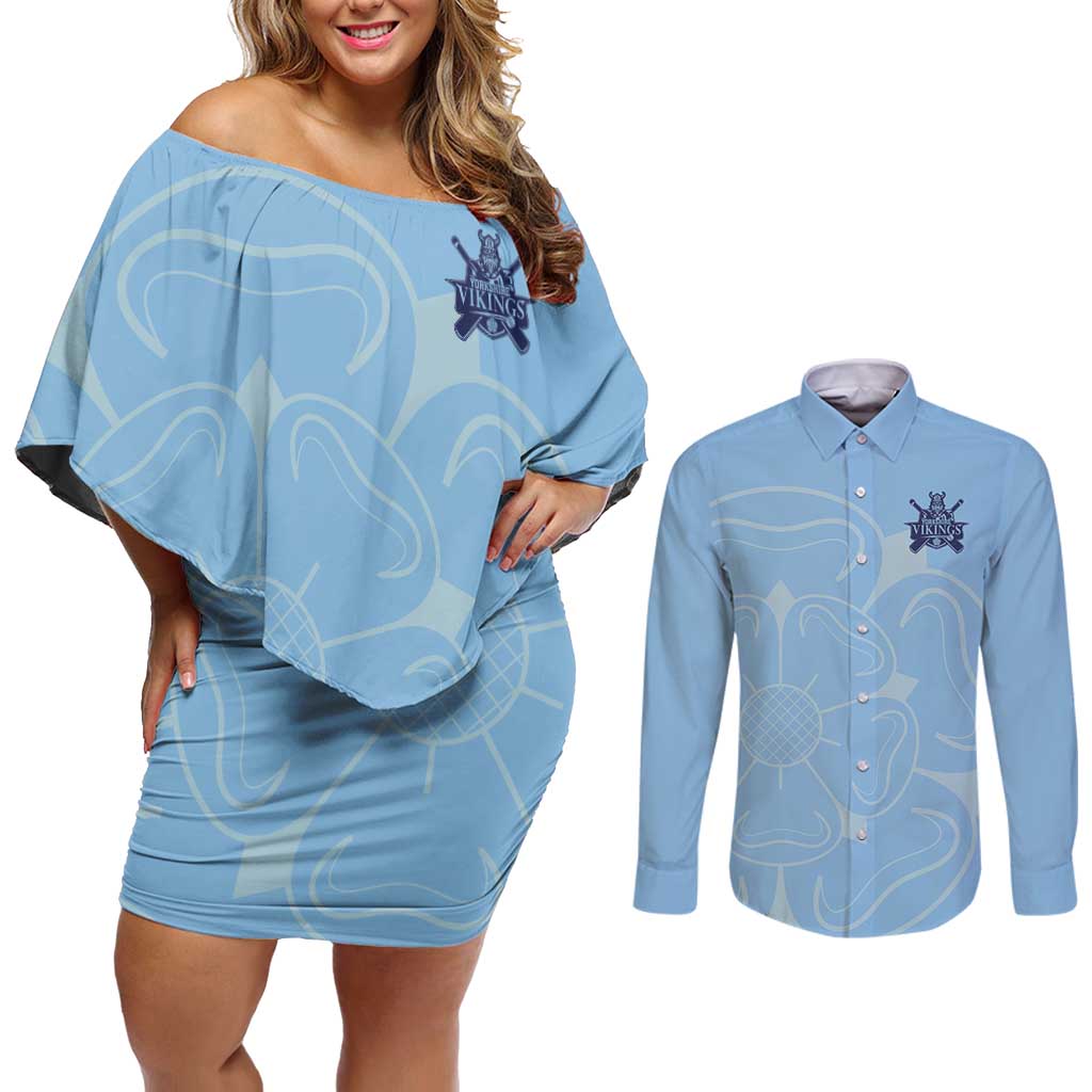 Custom Yorkshire Viking Spirit Couples Matching Off Shoulder Short Dress and Long Sleeve Button Shirt White Rose of York Blue Version - Wonder Print Shop