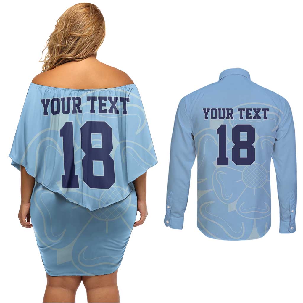 Custom Yorkshire Viking Spirit Couples Matching Off Shoulder Short Dress and Long Sleeve Button Shirt White Rose of York Blue Version - Wonder Print Shop