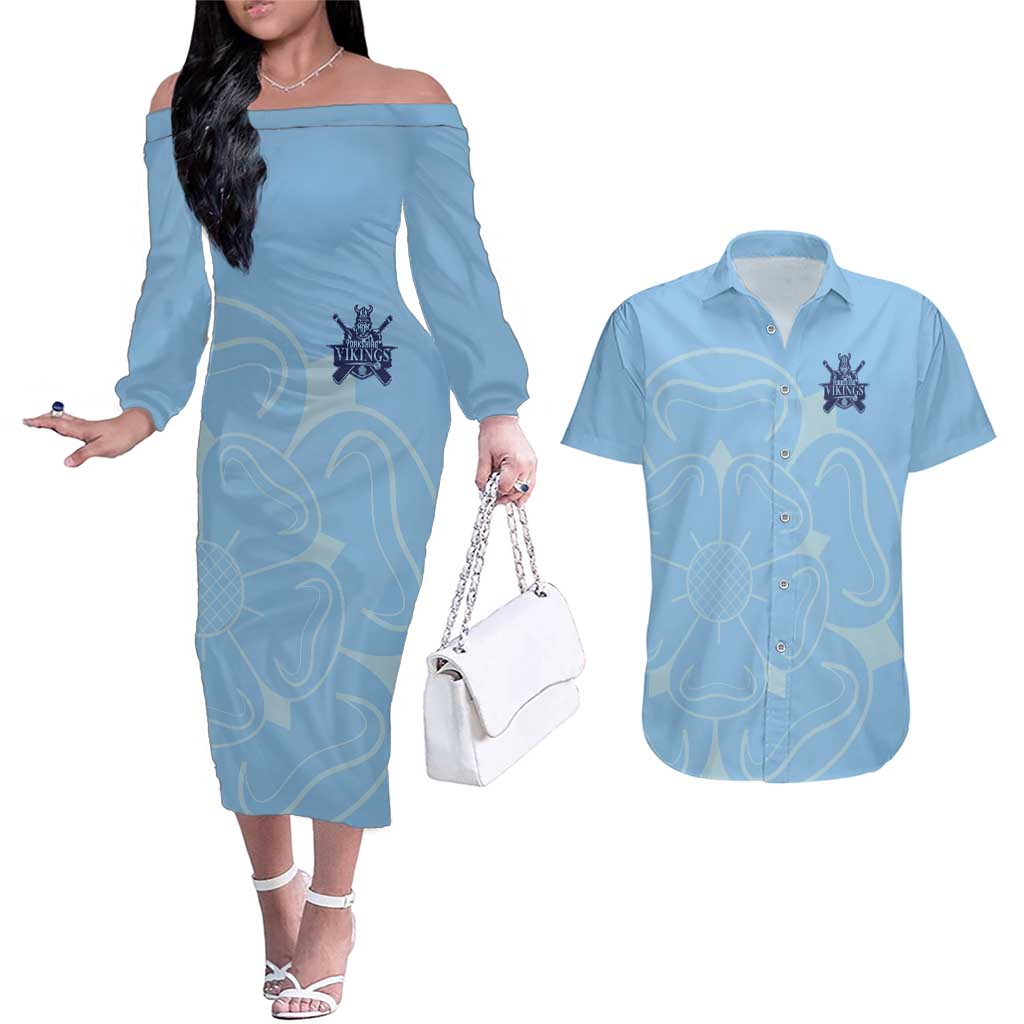 Custom Yorkshire Viking Spirit Couples Matching Off The Shoulder Long Sleeve Dress and Hawaiian Shirt White Rose of York Blue Version - Wonder Print Shop