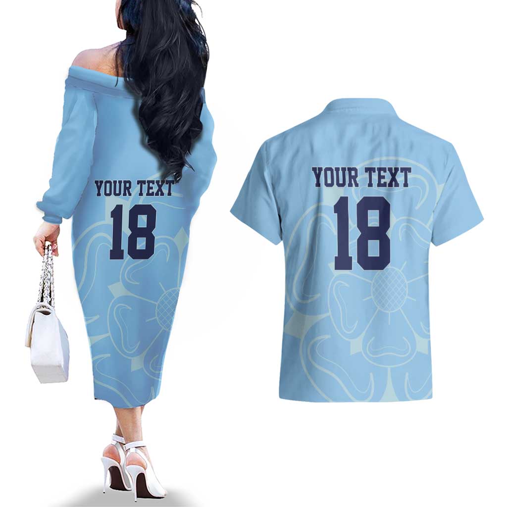Custom Yorkshire Viking Spirit Couples Matching Off The Shoulder Long Sleeve Dress and Hawaiian Shirt White Rose of York Blue Version - Wonder Print Shop