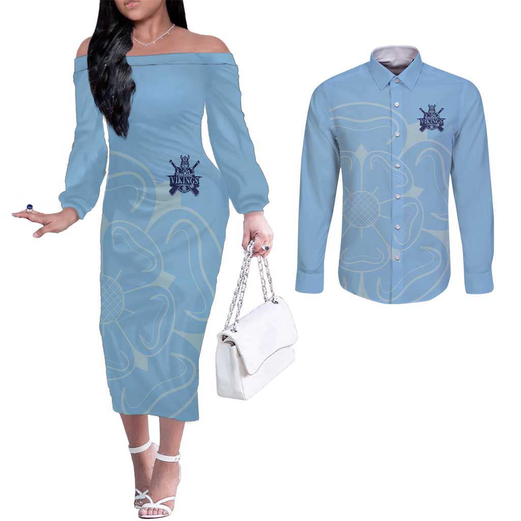 Custom Yorkshire Viking Spirit Couples Matching Off The Shoulder Long Sleeve Dress and Long Sleeve Button Shirt White Rose of York Blue Version - Wonder Print Shop