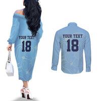 Custom Yorkshire Viking Spirit Couples Matching Off The Shoulder Long Sleeve Dress and Long Sleeve Button Shirt White Rose of York Blue Version - Wonder Print Shop